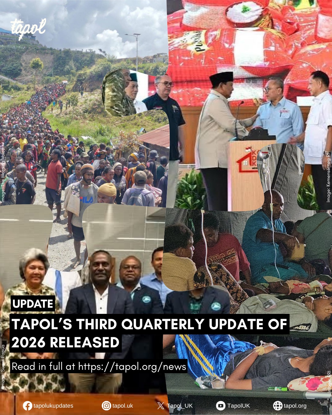 Carousel of images covering the stories mentioned in the update, including protests, Prabowo at Koperasi Desa, hospitals and international advocacy led by the Melanesian Spearhead Group