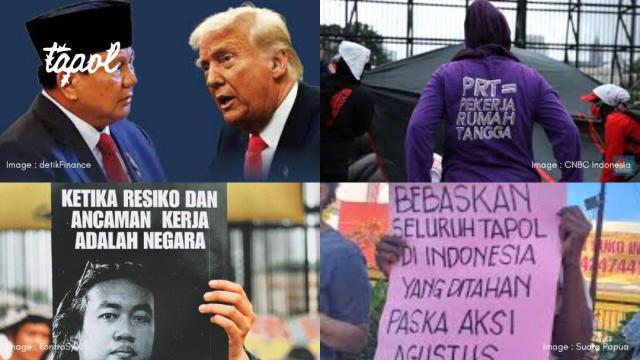 Carousel of images covering the stories mentioned in the update, including Prabowo and Trump, protests, Pesta Babi screenings being halted and the Rupiah declining against the Dollar