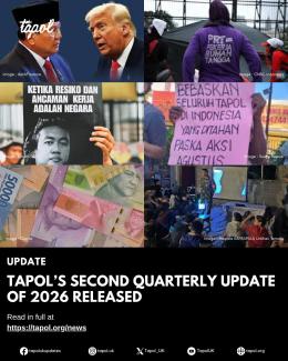 Carousel of images covering the stories mentioned in the update, including Prabowo and Trump, protests, Pesta Babi screenings being halted and the Rupiah declining against the Dollar